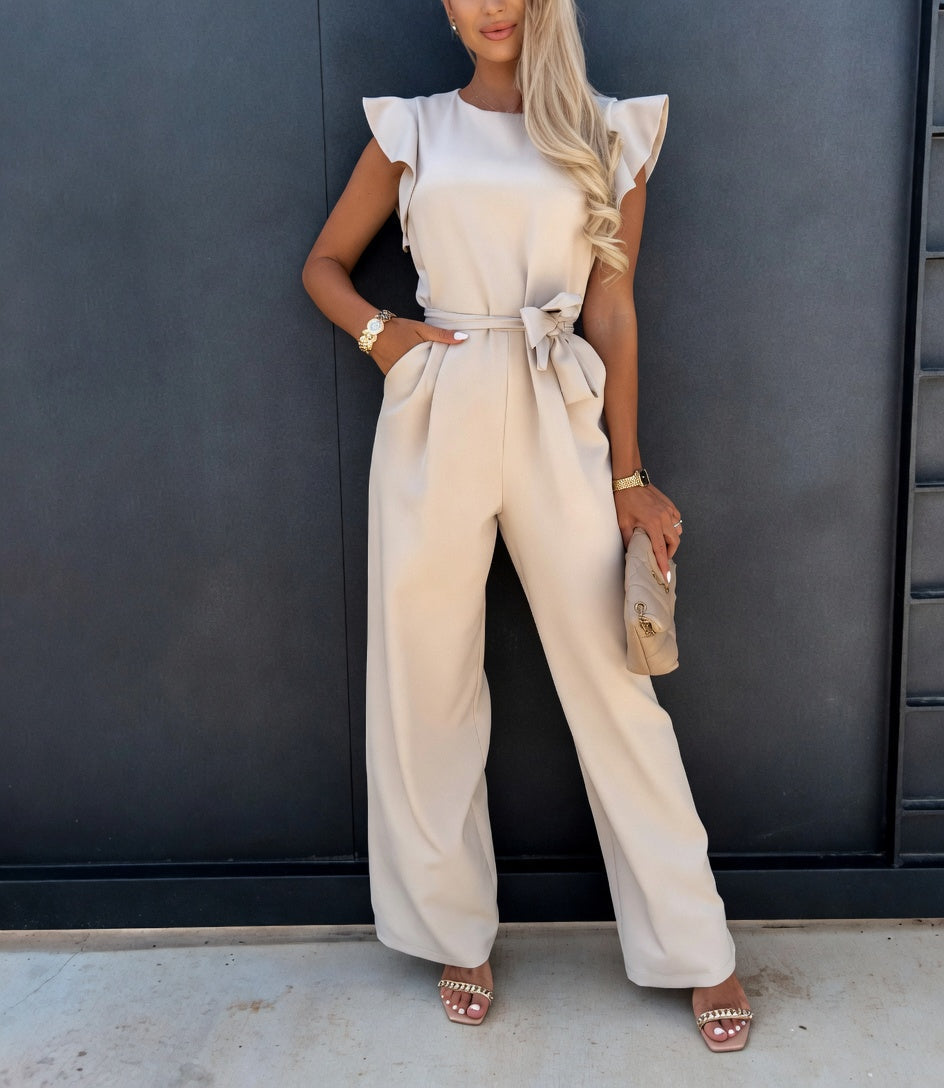 Round Neck Ruffle Sleeve Belted Wide Leg Jumpsuit