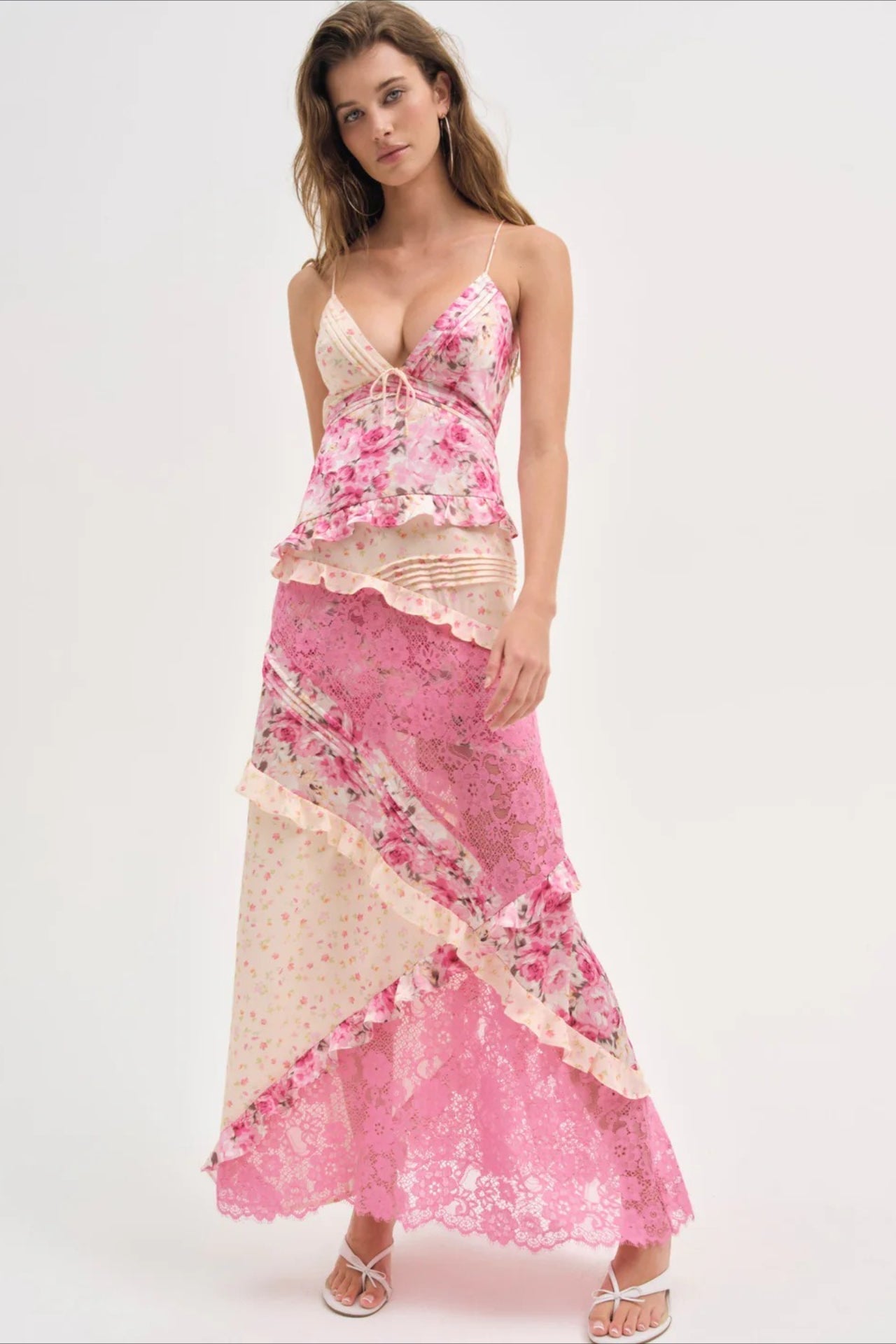 Floral Lace Deep V-Neck Spaghetti Strap Maxi Dress