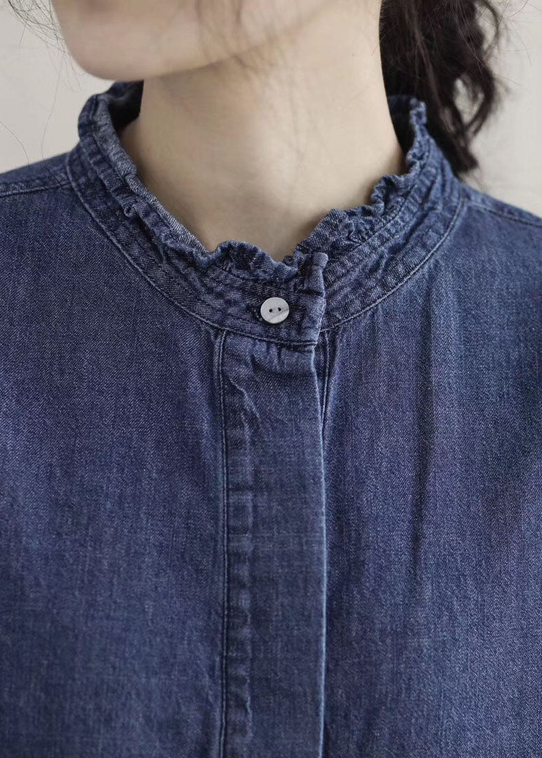 Ruffle Collar Cuff Long Sleeve Denim Button Front Midi Dress