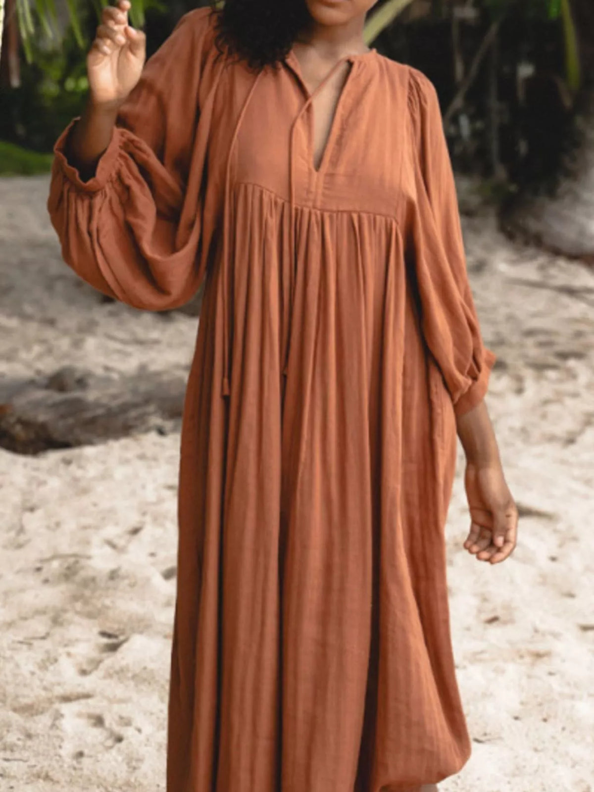 Split V-Neck Tie Neck Puff Sleeve Smock Midi Dress 10