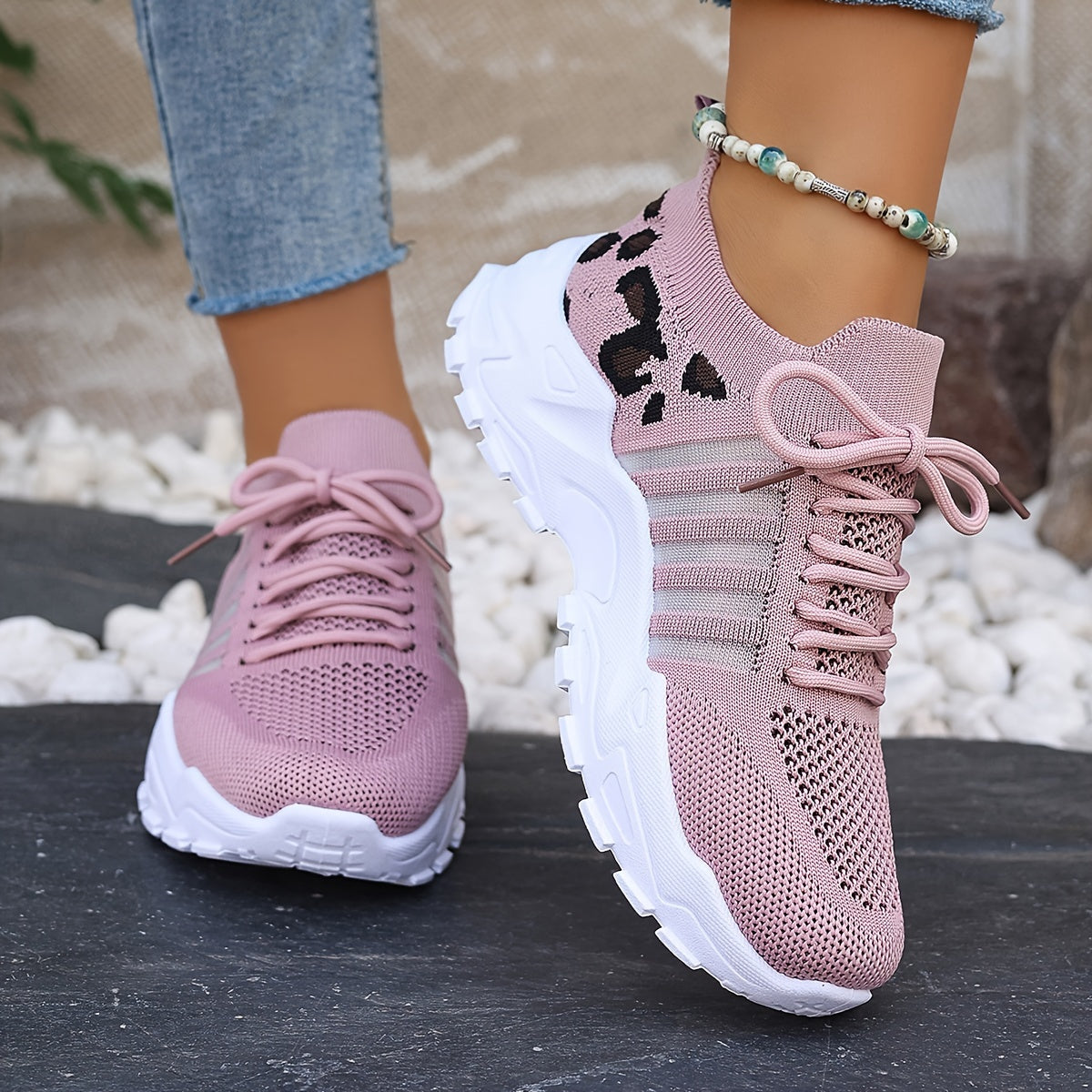 Lace Up Leopard Print Knit Chunky Sneakers