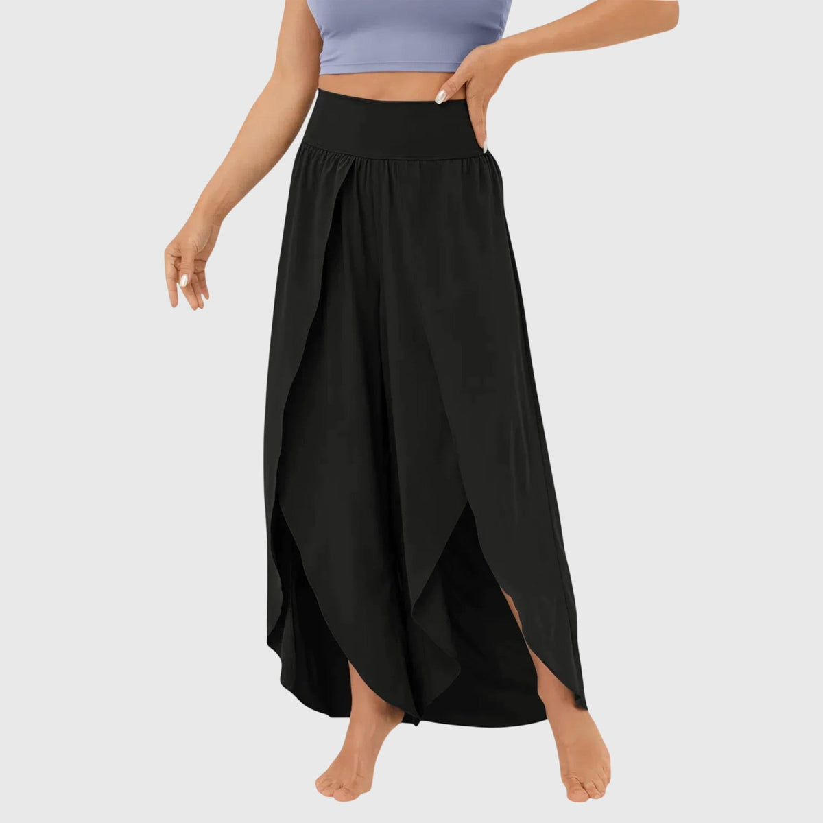 High Waist Split Front Layered Wide Leg Palazzo Pants