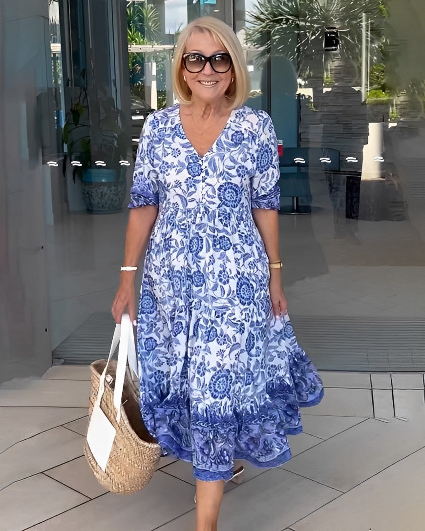 Floral V-Neck Puff Sleeve Tiered Maxi Dress