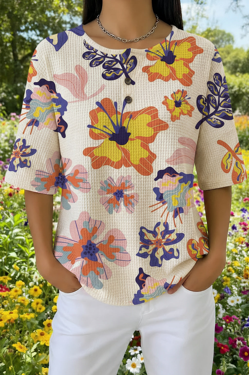 Floral Print Henley Neck Short Sleeve Waffle Knit Top