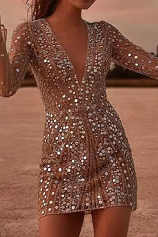 Sexy Deep V Neck Sequin Mini Dress