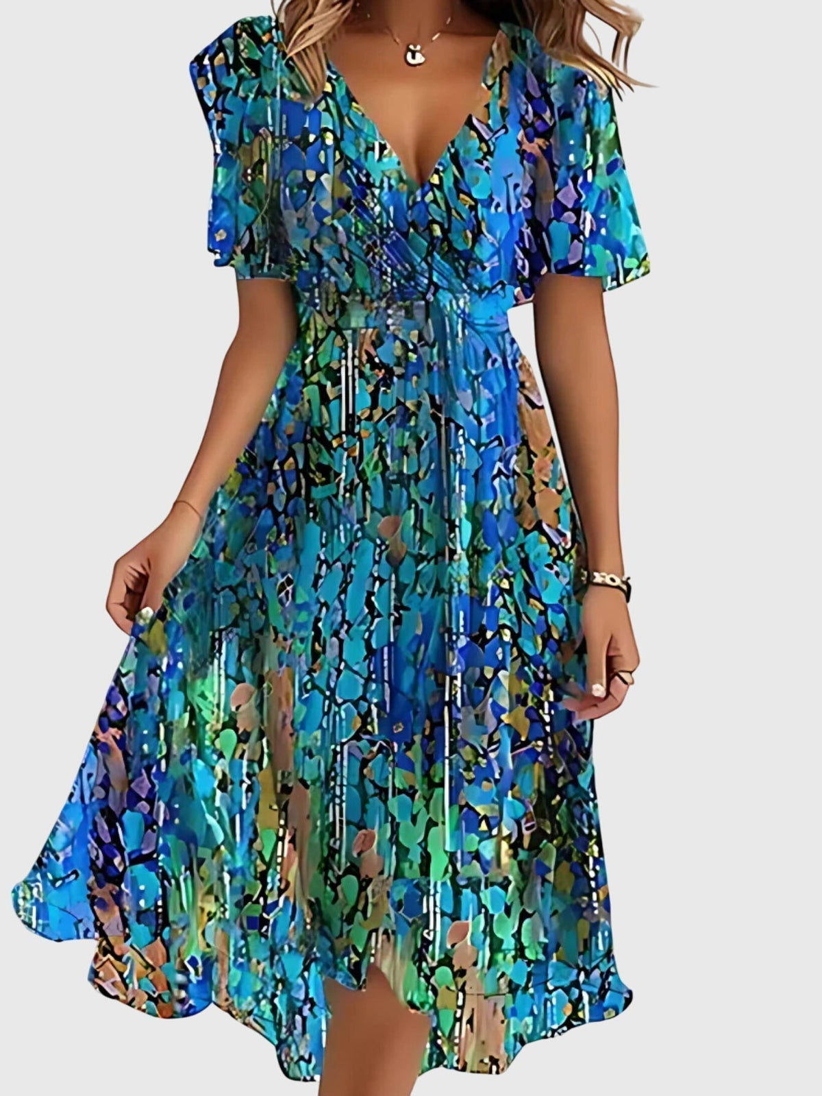 Floral V-Neck Flutter Sleeve Tie Waist Fit and Flare Midi Dress