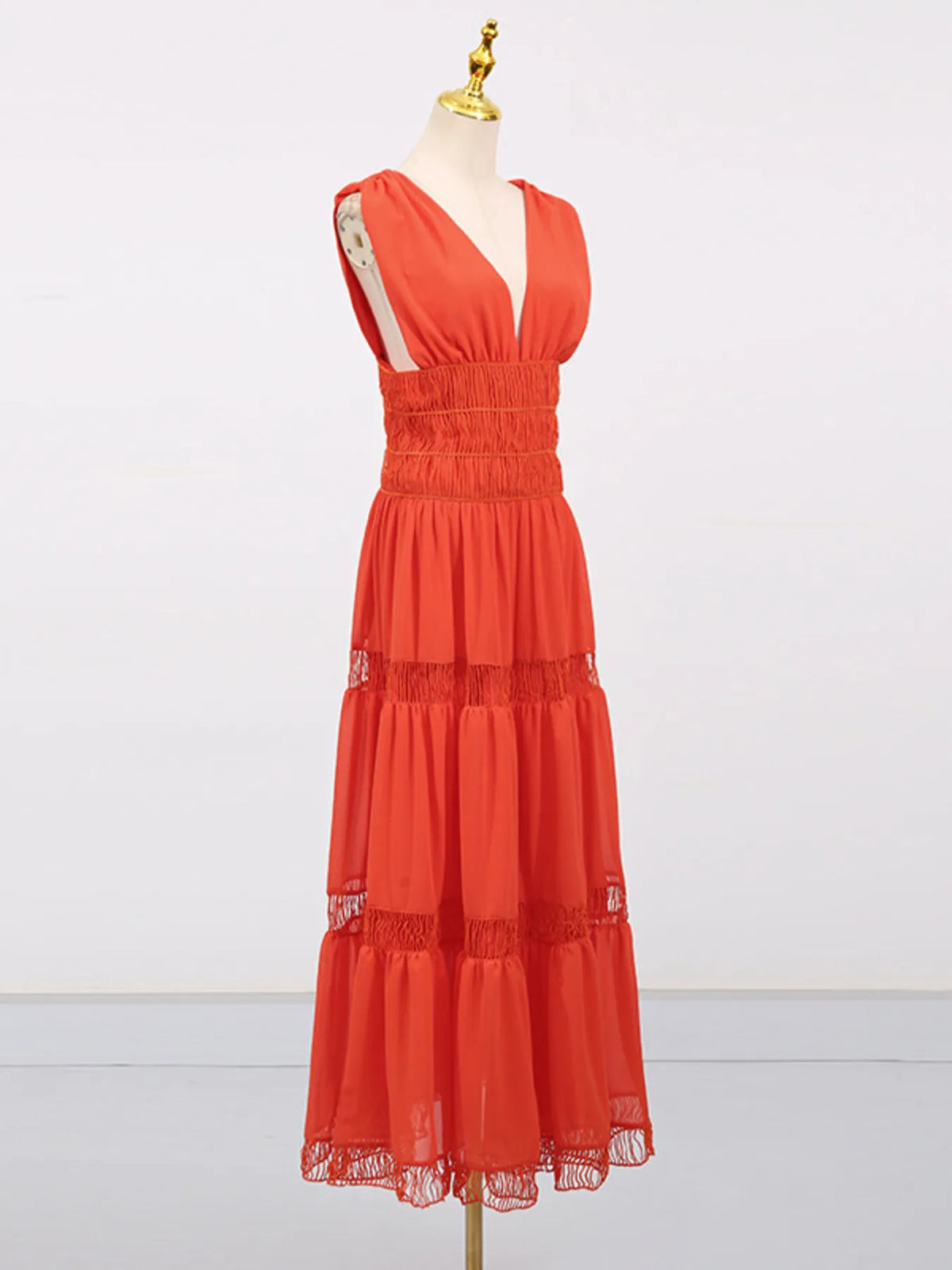 Deep V-Neck Sleeveless Smocked Waist Ladder Trim Tiered Maxi Dress 15