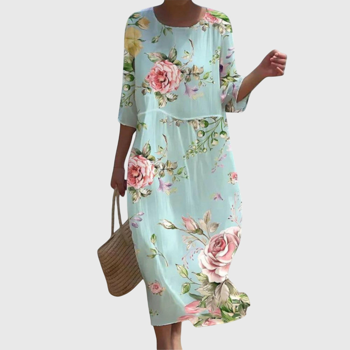 Rose Floral Round Neck Half Sleeve Maxi Dress