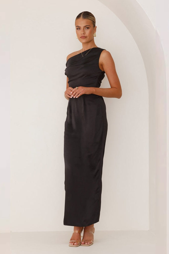 Satin One Shoulder Draped Column Maxi Dress