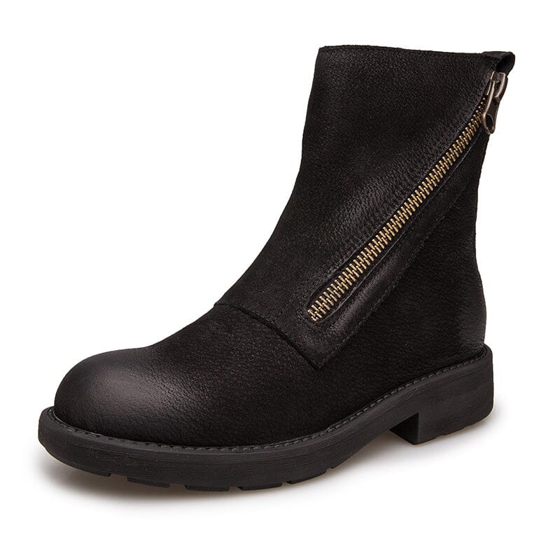 Full Grain Leather Zip Boots Retro Women Chunky Ankle Boots Black/Coffee