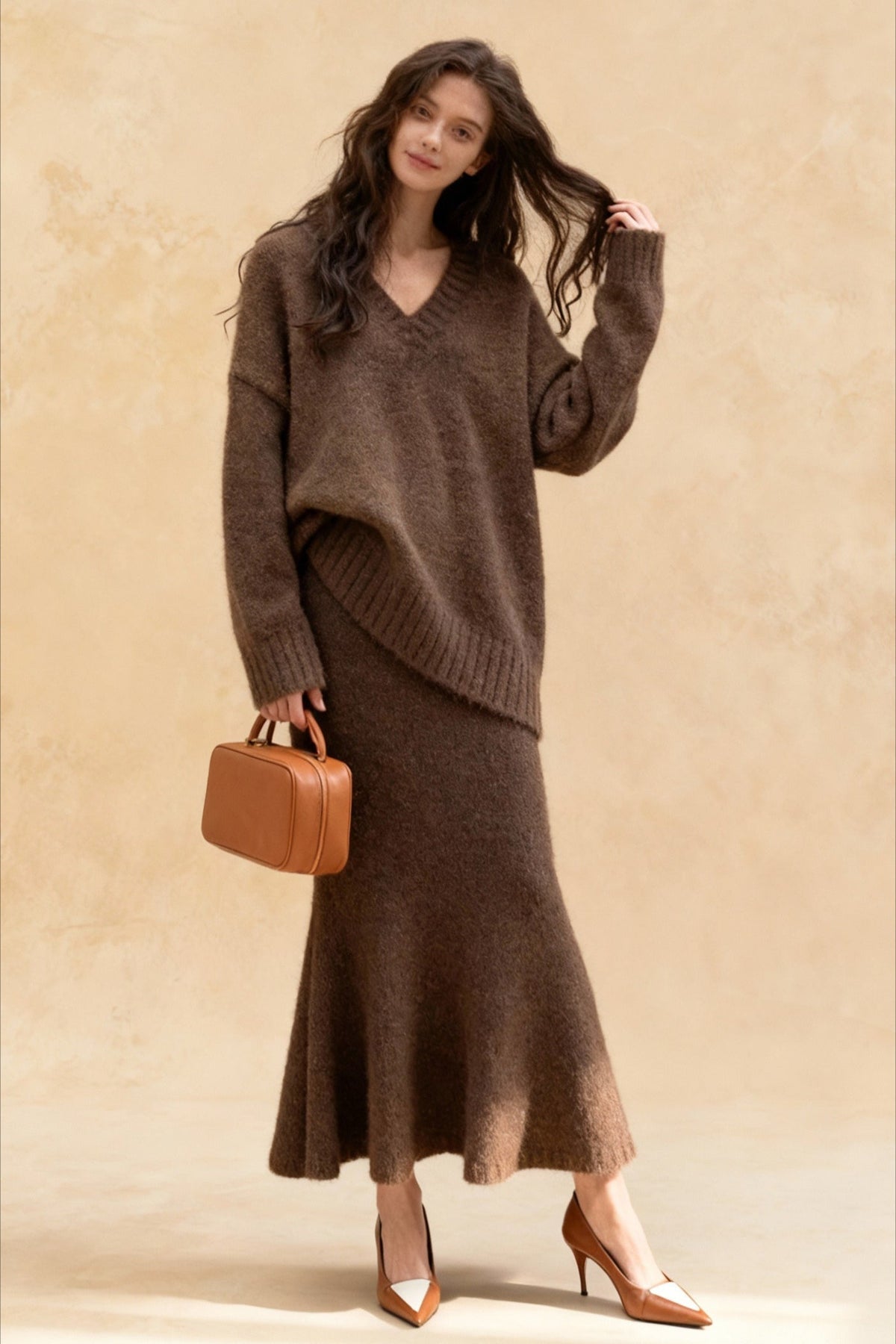 V-Neck Oversized Fuzzy Knit Sweater and Mermaid Midi Skirt Two Piece Set 4