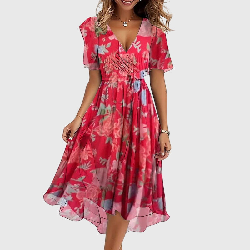 Floral Print V-Neck Flutter Sleeve Handkerchief Hem Midi Dress