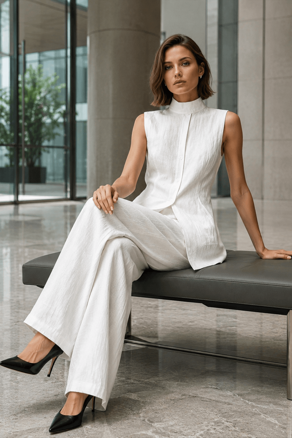 Drape Sleeveless Shirt Elegant Two Piece Work Set