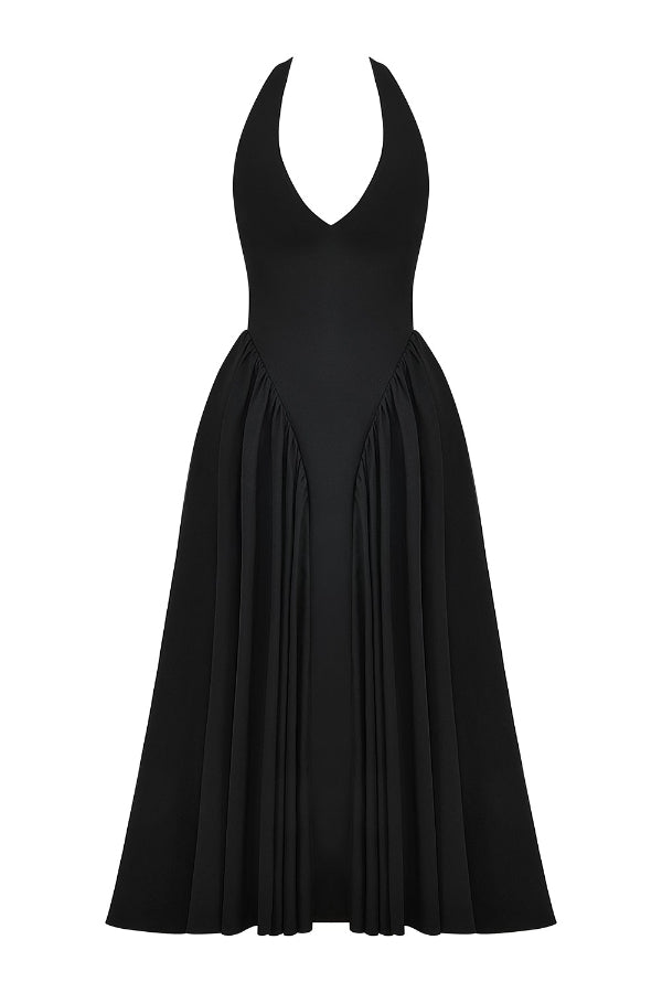 Timeless Lilly Solid a Line Halter Midi Dresses with Deep V Neck Boutique Dress Collection