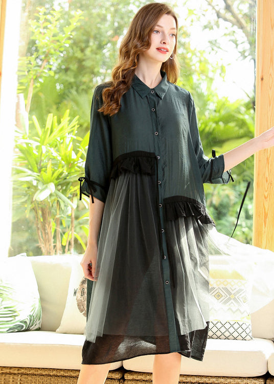 Collared Button Down Ruffle Mesh Layer Three Quarter Sleeve Shirt Dress