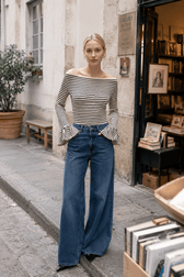 Striped Ruffle-Sleeve Knit Top