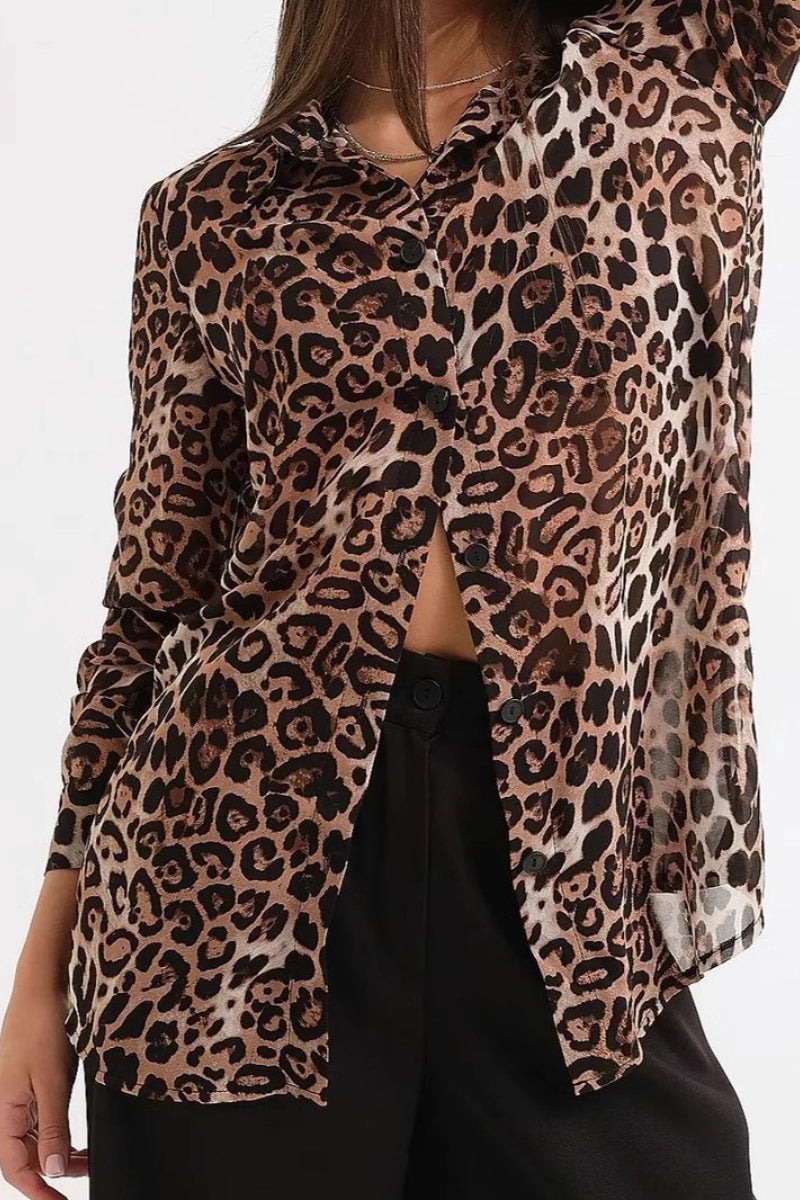 Leopard Print Collared Elegant Workwear Long Sleeve Blouse