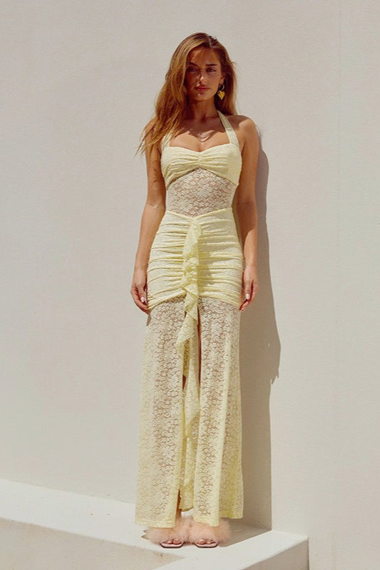 Halter-Neck Lace Sheer Mesh Ruched Dress