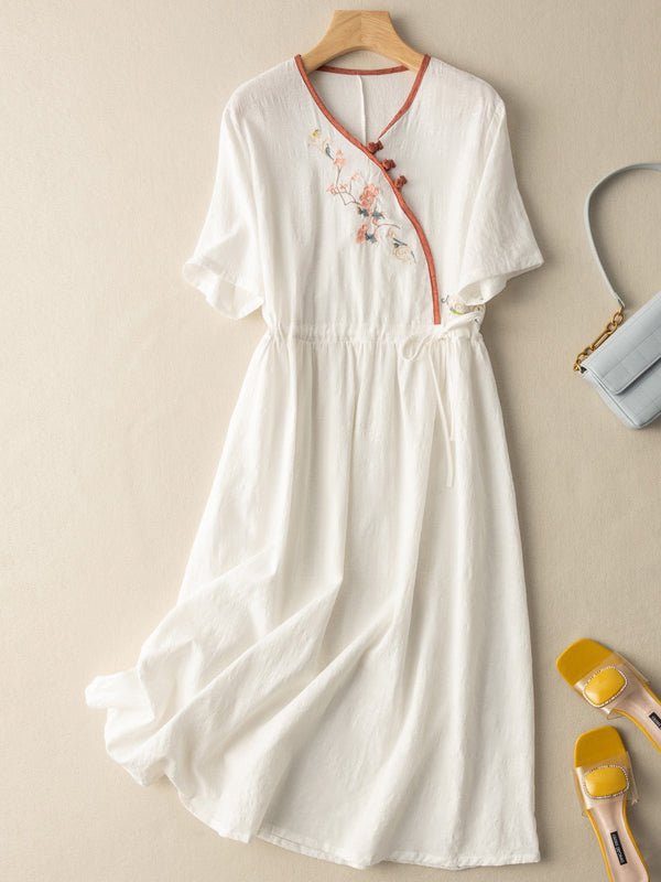 Floral Embroidery Frog Button Crossover V-Neck Tie Waist Midi Dress
