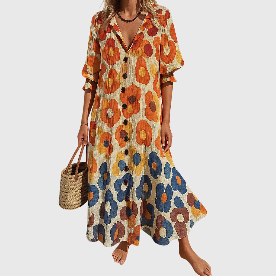 Floral Print V-Neck Button Front Puff Sleeve Maxi Dress