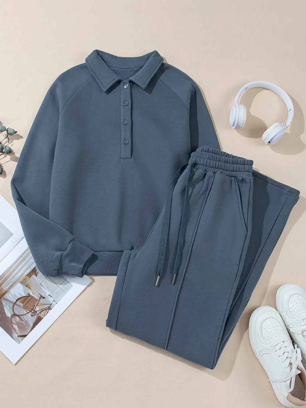 Collared Button Placket Sweatshirt and Seam Front Wide Leg Pants Two Piece Set 19