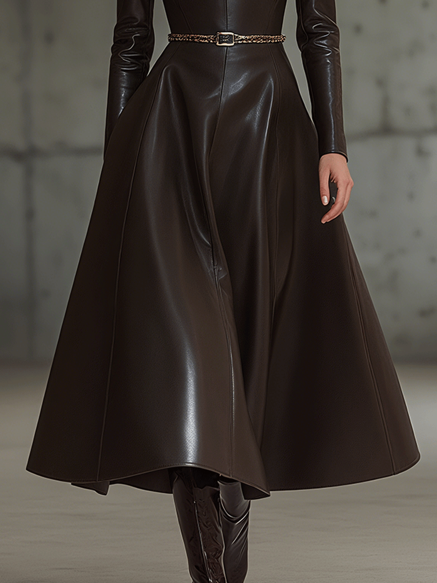 Elegant V-Neck Dark Brown Faux Leather A-Line Midi Dress