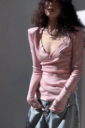Slim Fit Low Cut Long V Neck Ribbed Long Sleeve Top
