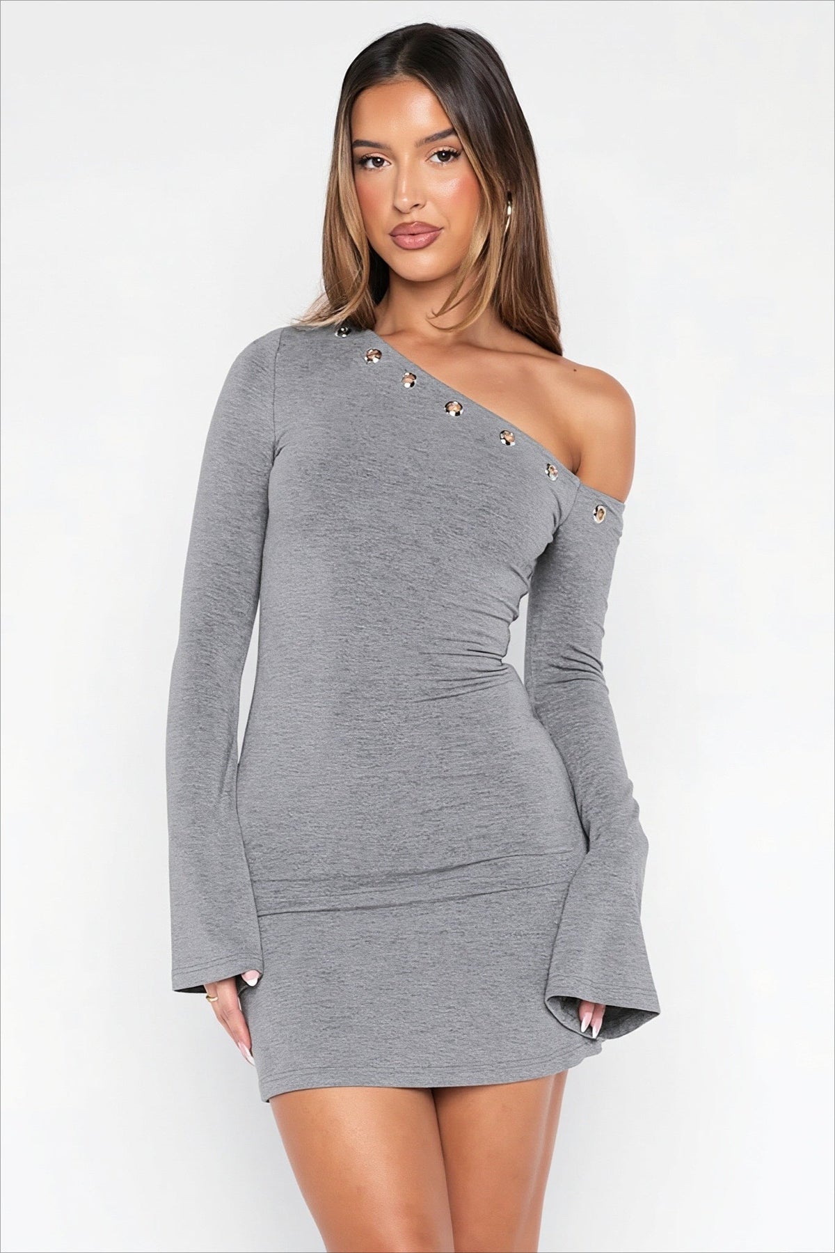 Solid Asymmetric Neck Cutout Ring Mini Dress 3