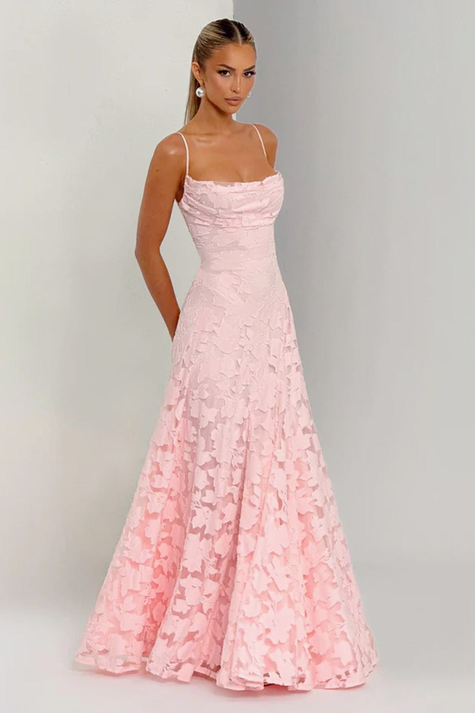 Floral Lace Spaghetti Strap Tie Back A-Line Maxi Dress - View 8