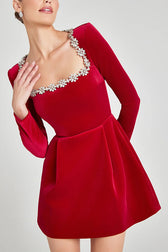 Endless Celebration Velvet Jewel Embellished Trim Mini Dress - View 9