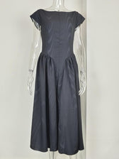 Satin Boat Neck Cap Sleeve Fit and Flare Midi Dress 11
