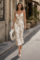 V Neck Lace Satin Spliced Strap Floral Dress