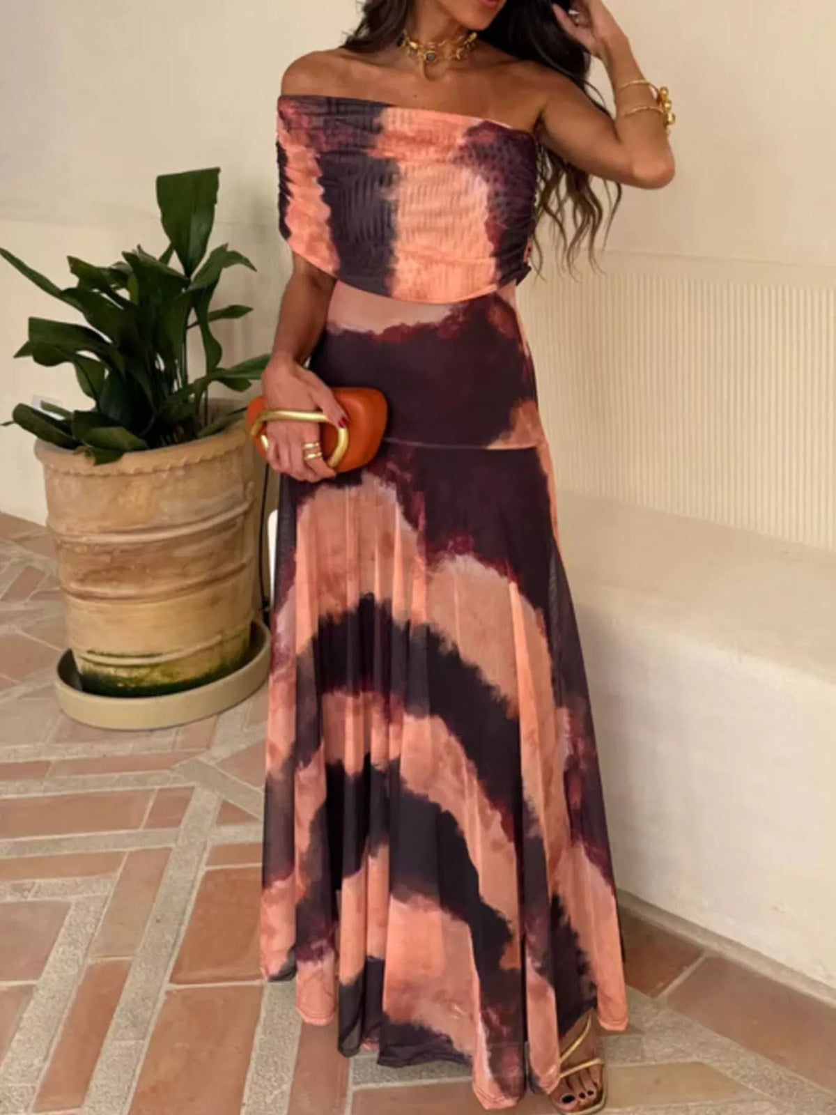 Tie Dye Mesh One Shoulder Ruched Bodice Flowy Maxi Dress 4