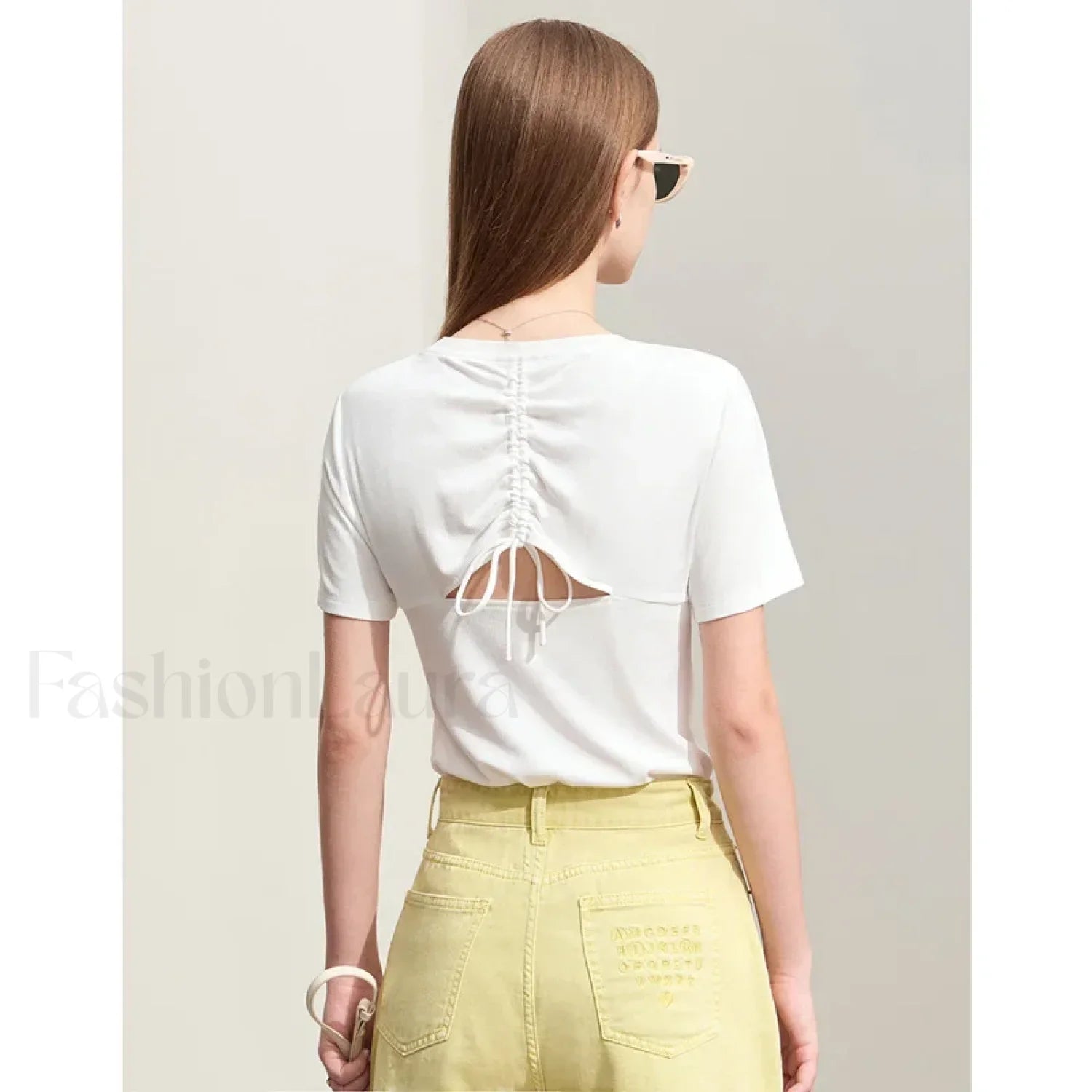 Back Drawstring Hollow T Shirt Beige / S