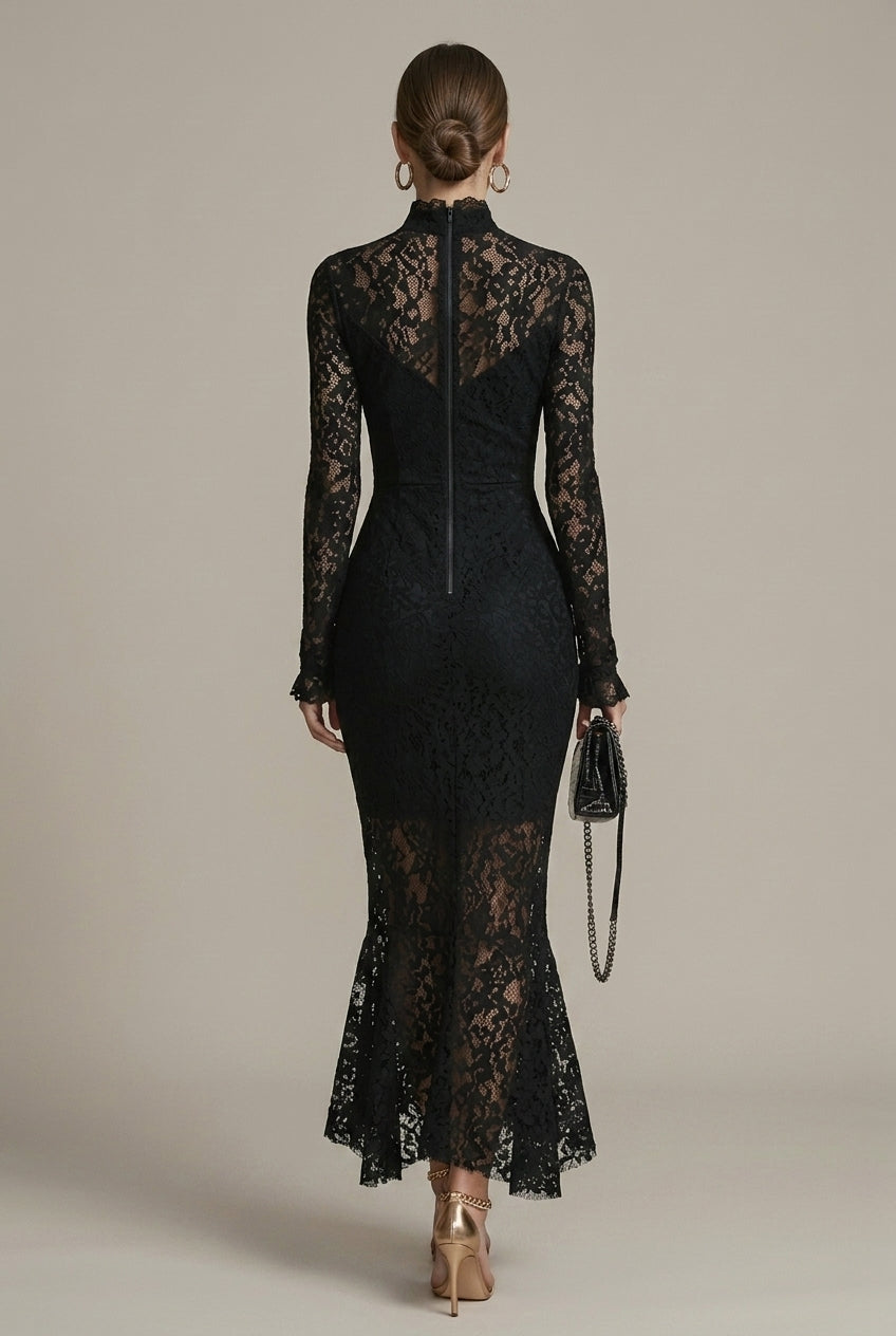 Lace High Neck Long Sleeve Mermaid Midi Dress 3
