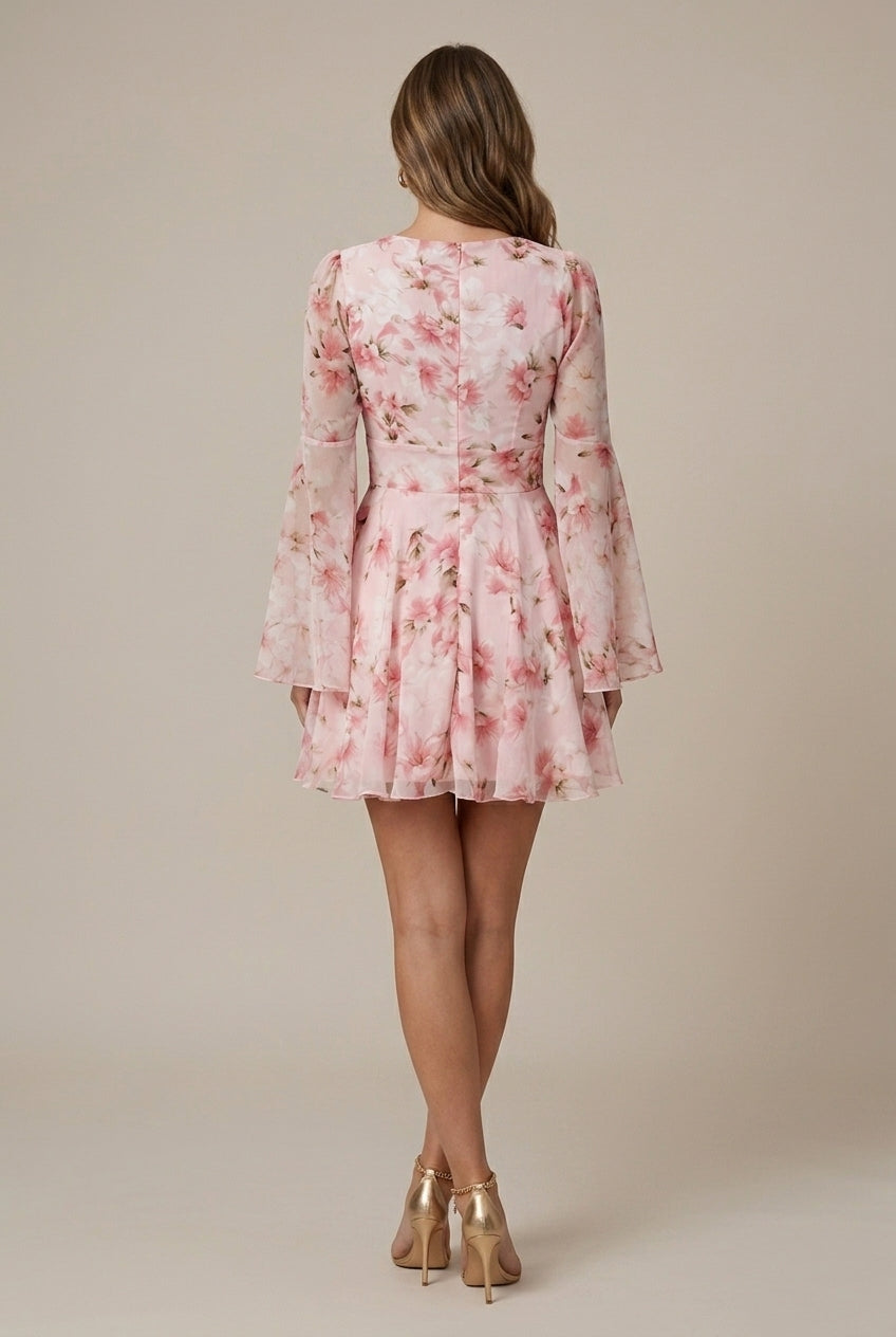 Floral Deep V-Neck Bell Sleeve Fit and Flare Mini Dress 4