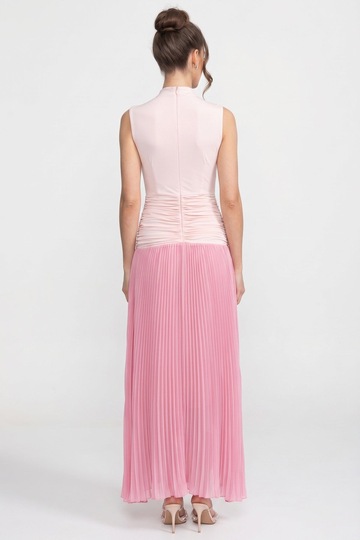 Mock Neck Sleeveless Ruched Bodice Pleated High Low Maxi Dress 5