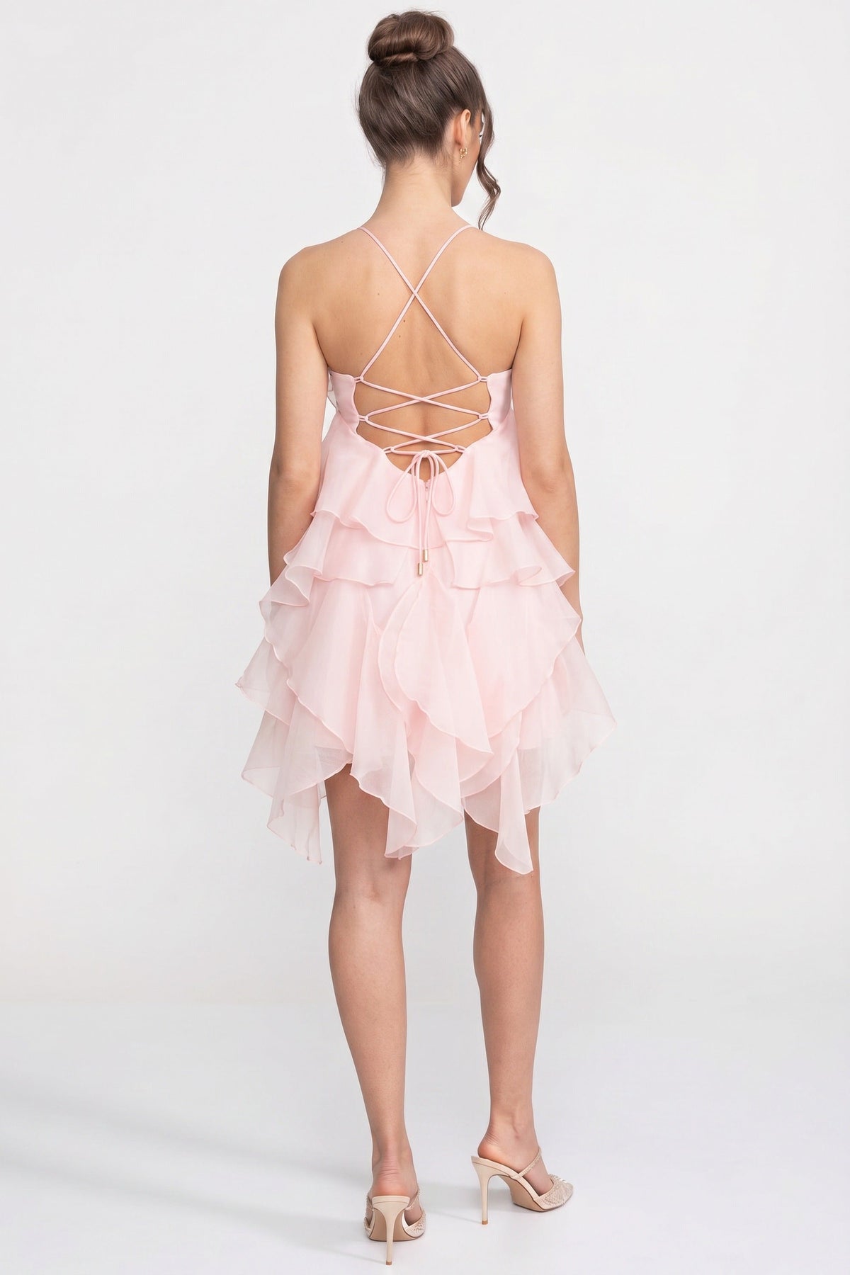 Halter Neck Rosette Tiered Ruffle Organza Mini Dress 6