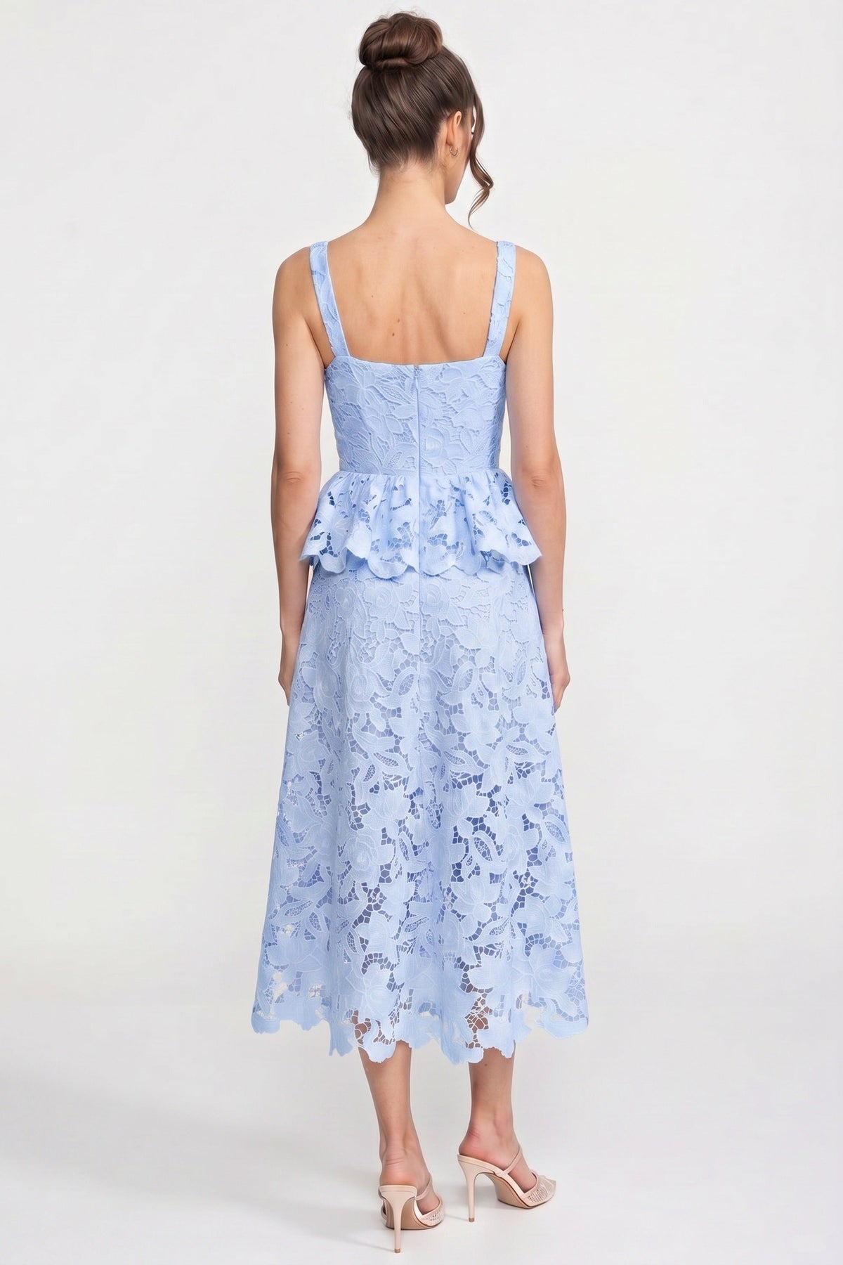 Square Neck Button Front Scallop Lace Peplum Midi Dress 9