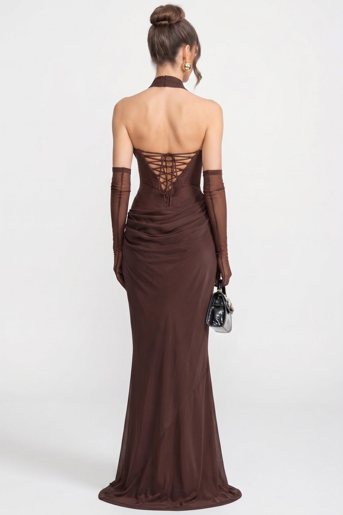 Strapless Cowl Neck Draped Sheer Mesh Maxi Gown with Scarf and Gloves 6