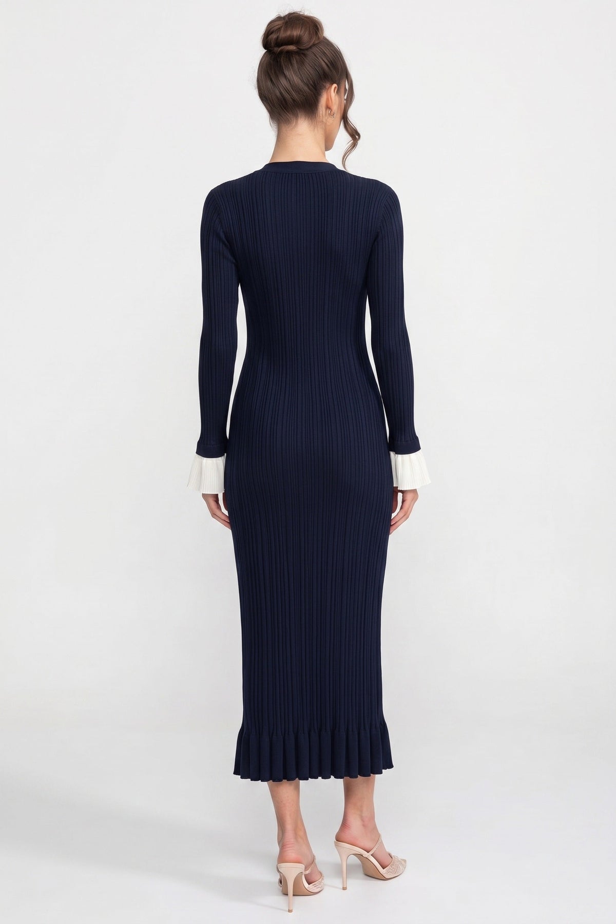 V-Neck Long Sleeve Button Front Contrast Cuff Ribbed Knit Ruffle Hem Midi Dress 5