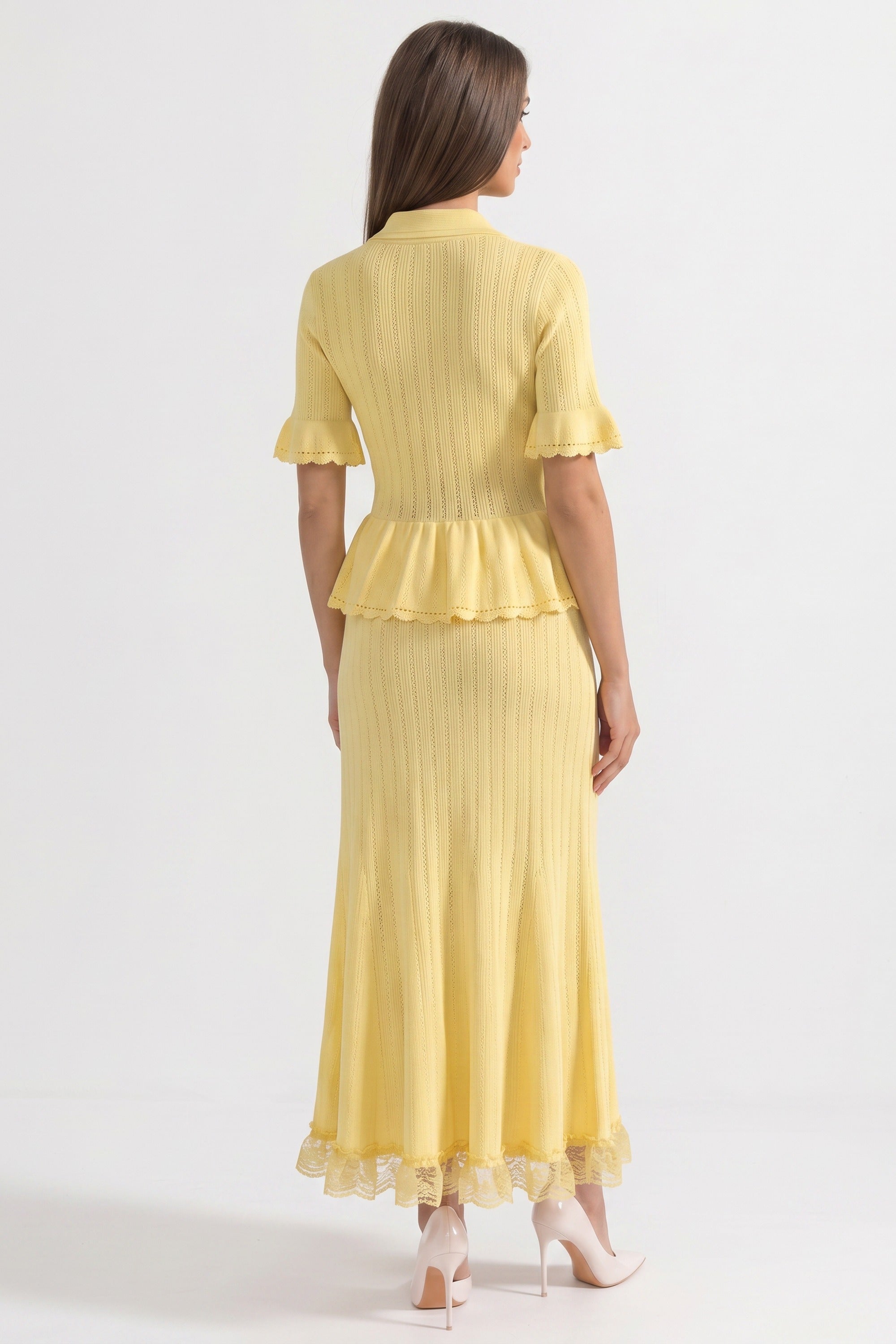 Peter-Pan Collar Knit Peplum Maxi Dress With Lace Hem - Yellow