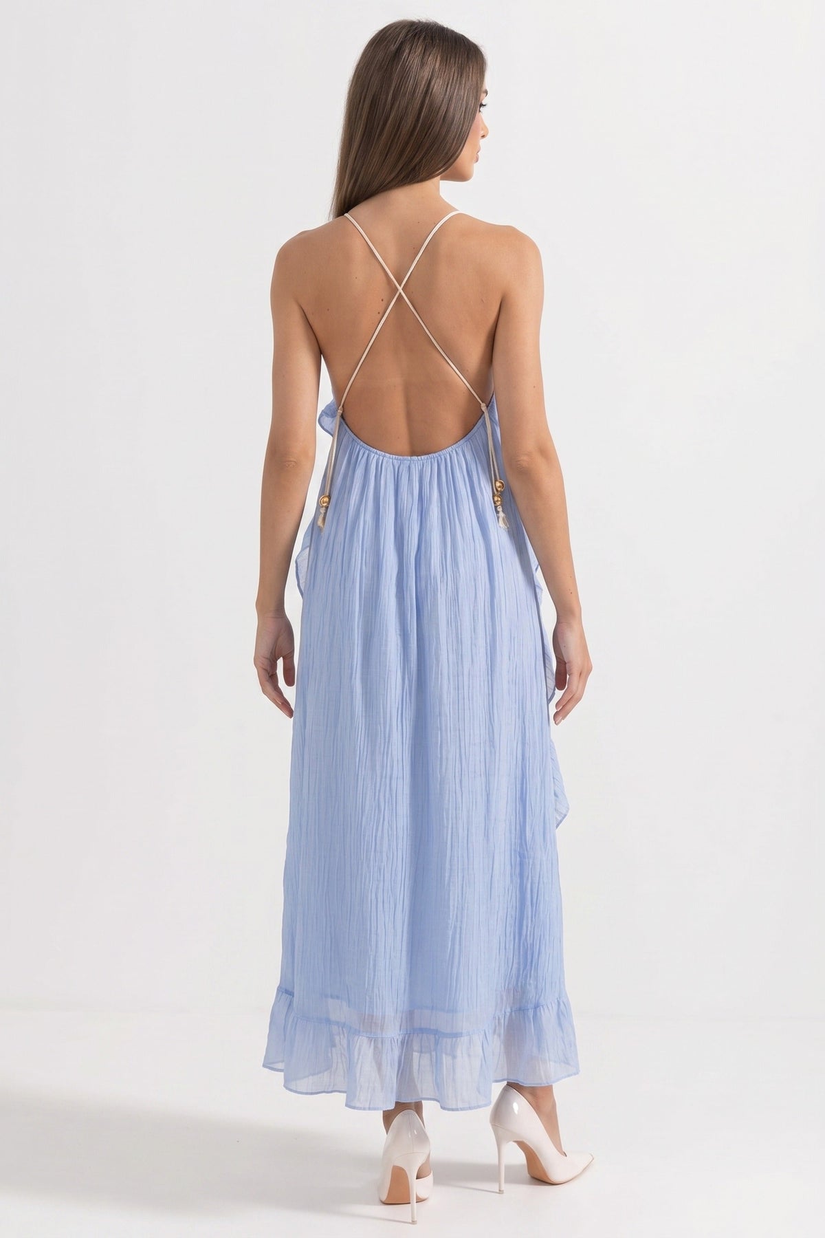 Deep V-Neck Spaghetti Strap Cascading Ruffle Pleated Maxi Dress 8
