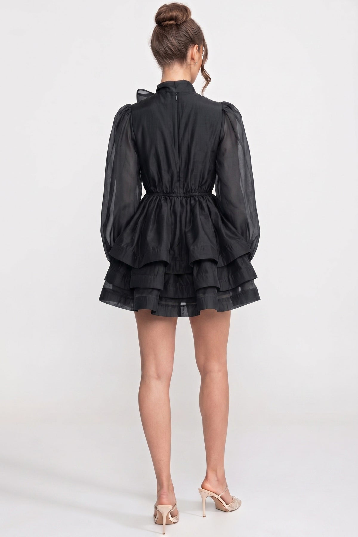 Bow Tie Neck Sheer Puff Sleeve Organza Tiered Ruffle Mini Dress 6