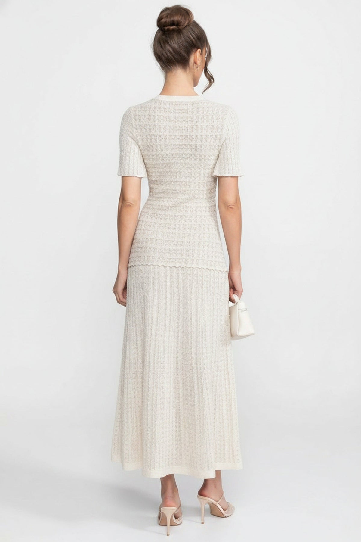 Crew Neck Flutter Sleeve Button Front Pointelle Knit Maxi Dress 5