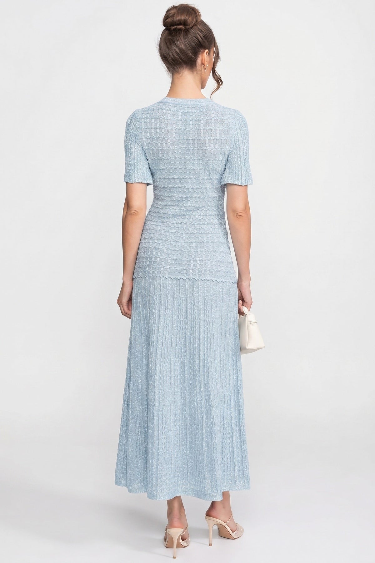 Crew Neck Short Sleeve Jewel Button Front Pointelle Knit Maxi Dress 6