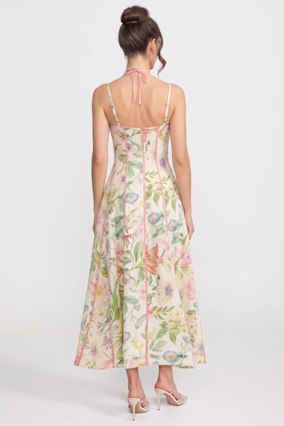 Floral Print Sweetheart Neck Contrast Piping Corset Fit and Flare Midi Dress 6