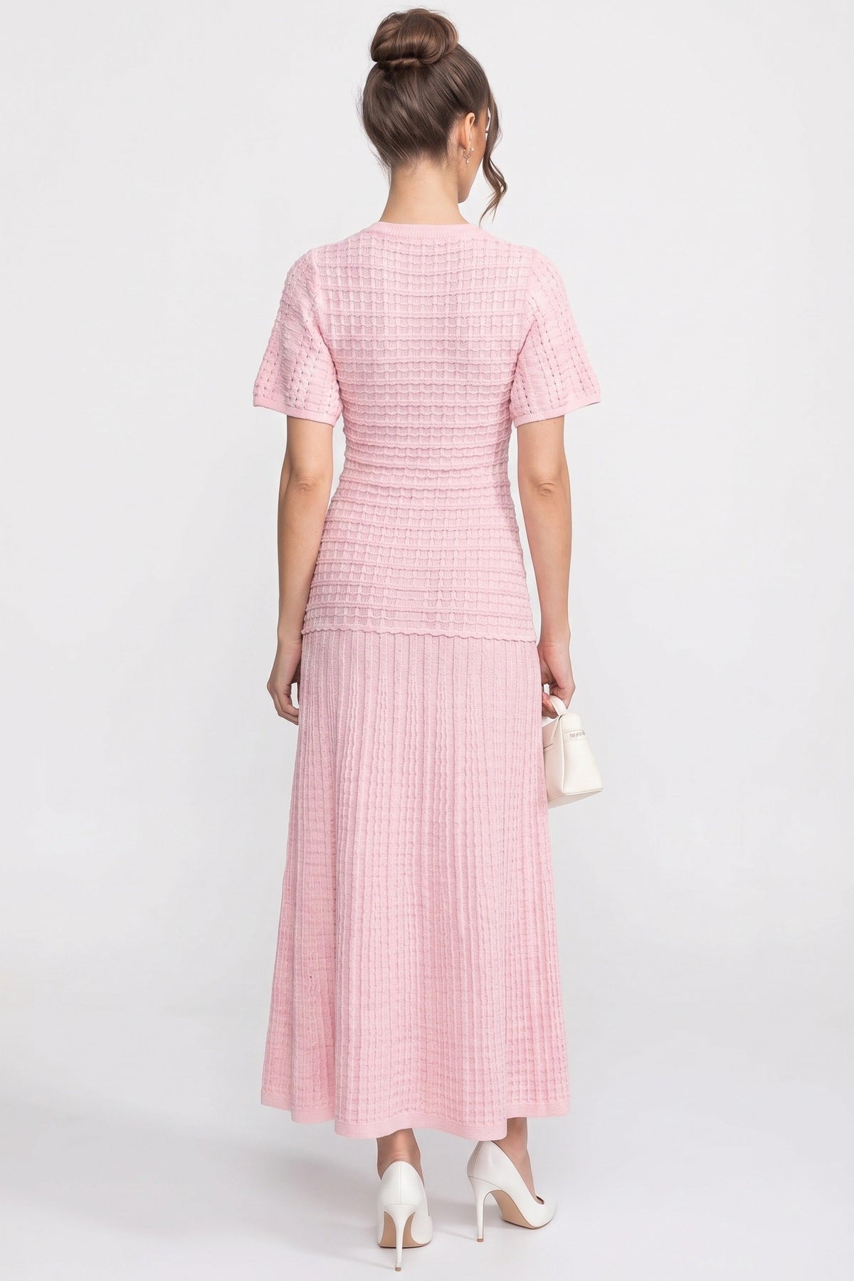 Crew Neck Short Sleeve Button Front Open Knit Flap Pocket Maxi Dress 4