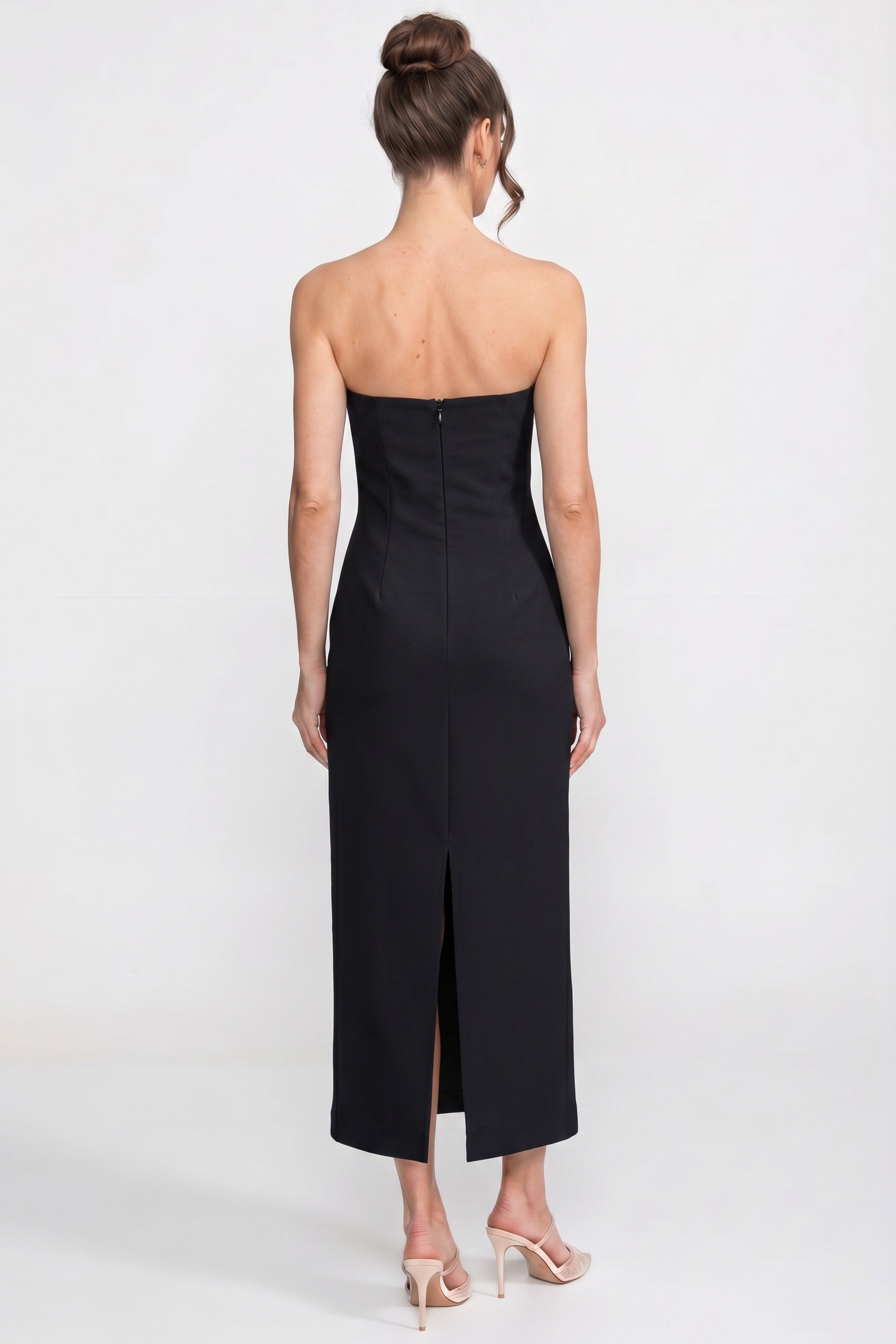 Strapless Floral-Print Midi Dress With Column Silhouette - Black