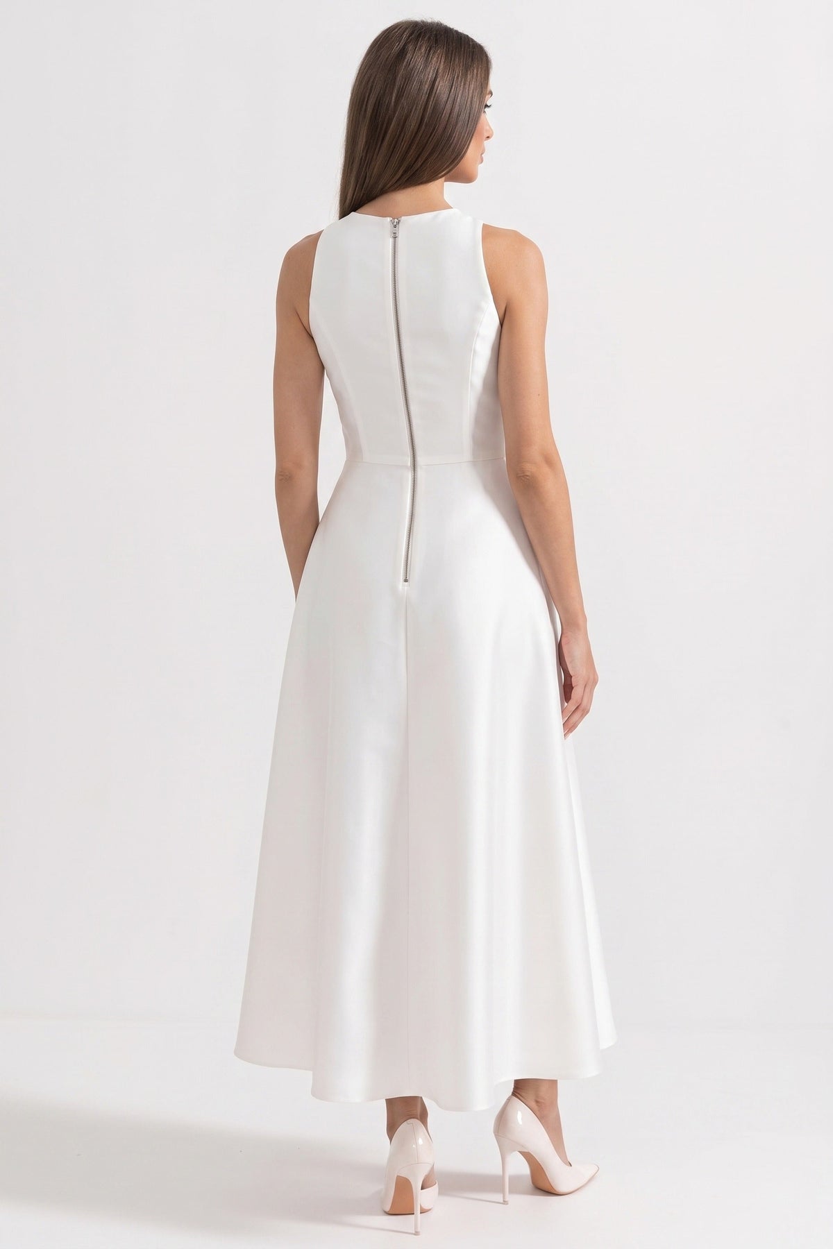 V-Neck Sleeveless Contrast Bow Front Button Detail A-Line Midi Dress 4